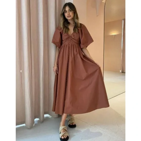 NWT Joslin Sakura Midi Earth Brown Dress in Organic Cotton - Picture 1 of 16